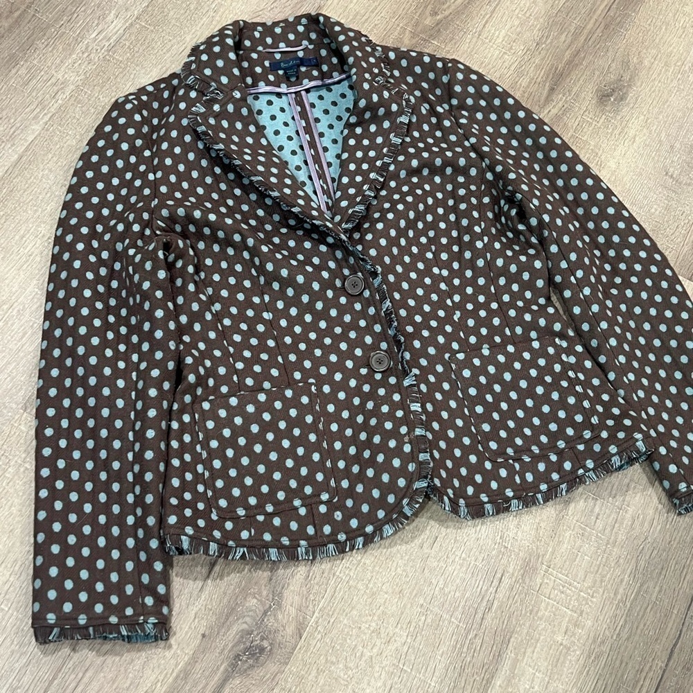 Boden Size 14 Wool Blend Polka Dot Fringe Seam Unlined Unstructured Soft Blazer - Picture 3 of 14